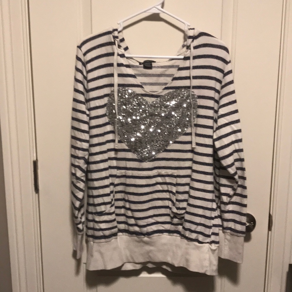 Cream Striped Hoodie with Sequin Heart